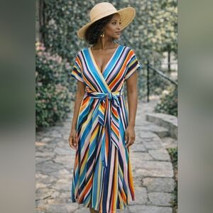 NWT Eloquii Multicolor Striped Maxi Dress Front Wrap, Size 14